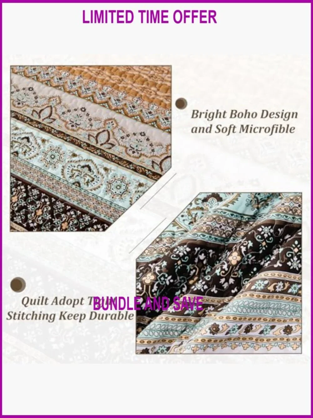 Queen Size Quilt Set, Lightweight Microfiber, Bohemian Pattern, All Season - Picture 5 of 7